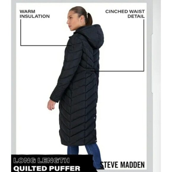 NWT Steve Madden Women's Black Chevron Puffer Long Winter Coat Size XS - Picture 3 of 9